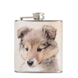 Shetland Sheepdog Puppy Painting Original Dog Art Hip Flask