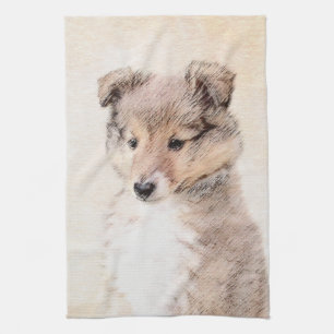 Shetland Sheepdog Puppy Painting Original Dog Art Tea Towel