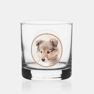 Shetland Sheepdog Puppy Painting Original Dog Art Whiskey Glass