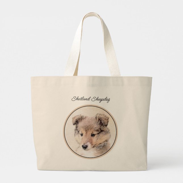 Shetland Sheepdog Puppy Painting Sheltie Dog Art Large Tote Bag (Back)