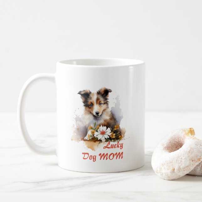 Shetland Sheepdog Puppy Pet Watercolor Flower Coffee Mug (With Donut)