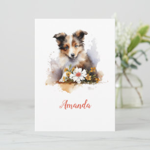 Shetland Sheepdog Puppy Pet Watercolor Flower Invitation