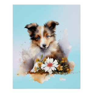 Shetland Sheepdog Puppy Pet Watercolor Flower Poster
