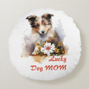 Shetland Sheepdog Puppy Pet Watercolor Flower Round Cushion