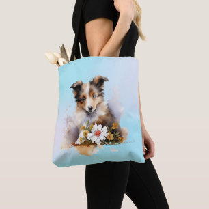 Shetland Sheepdog Puppy Pet Watercolor Flower Tote Bag