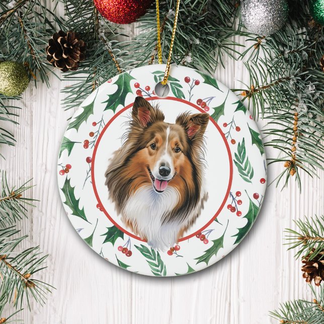 Shetland Sheepdog Red Berry Holly Border Ceramic Ornament (Creator Uploaded)