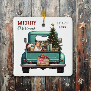 Shetland Sheepdog Retro Truck Christmas Ceramic Ornament
