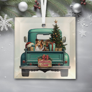 Shetland Sheepdog Retro Truck Christmas Glass Tree Decoration