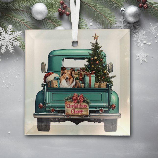Shetland Sheepdog Retro Truck Christmas Glass Tree Decoration (Creator Uploaded)