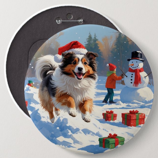 Shetland Sheepdog Running Snow With Christmas Hat 6 Cm Round Badge (Front & Back)