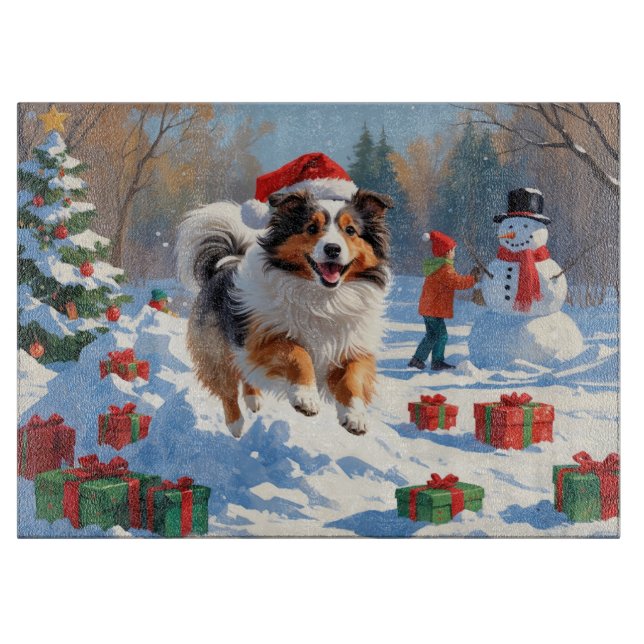 Shetland Sheepdog Running Snow With Christmas Hat Cutting Board (Front)