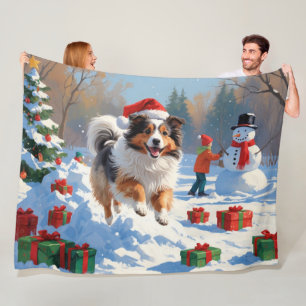 Shetland Sheepdog Running Snow With Christmas Hat Fleece Blanket