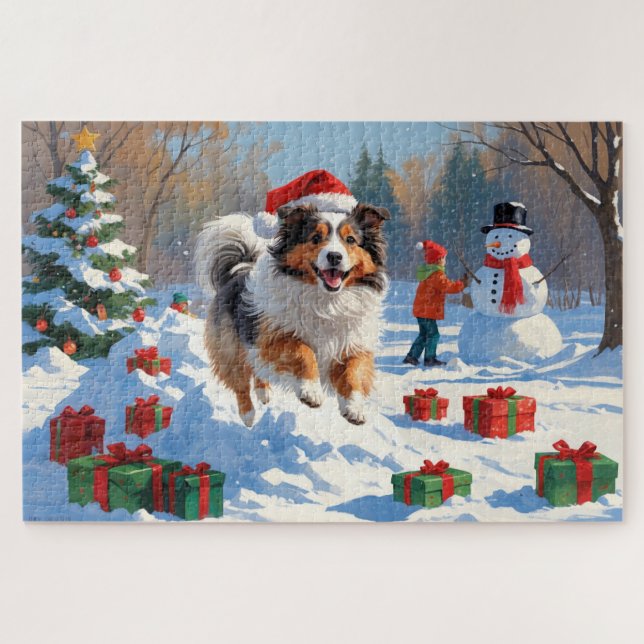 Shetland Sheepdog Running Snow With Christmas Hat Jigsaw Puzzle (Horizontal)