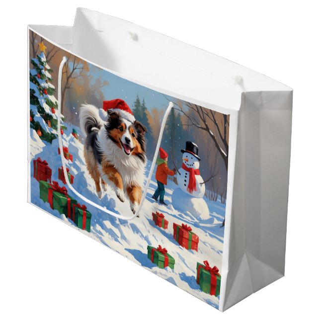 Shetland Sheepdog Running Snow With Christmas Hat Large Gift Bag (Front Angled)