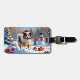 Shetland Sheepdog Running Snow With Christmas Hat Luggage Tag