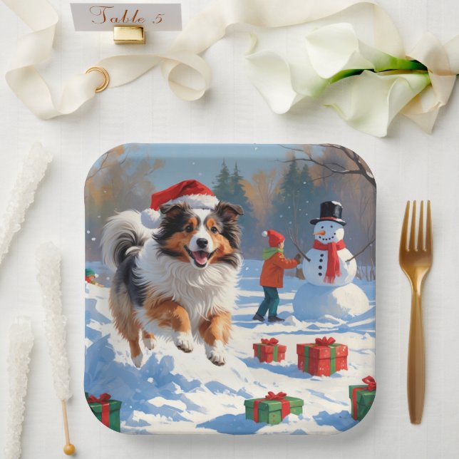 Shetland Sheepdog Running Snow With Christmas Hat Paper Plate (Wedding)