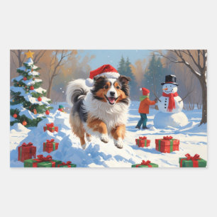 Shetland Sheepdog Running Snow With Christmas Hat Rectangular Sticker