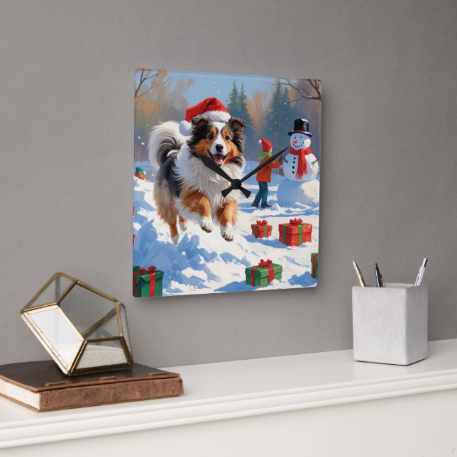Shetland Sheepdog Running Snow With Christmas Hat Square Wall Clock (Office)