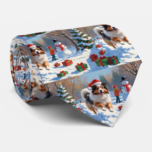 Shetland Sheepdog Running Snow With Christmas Hat Tie (Rolled)