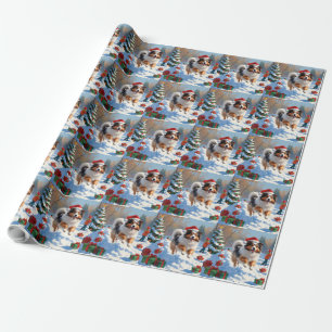 Shetland Sheepdog Running Snow With Christmas Hat Wrapping Paper