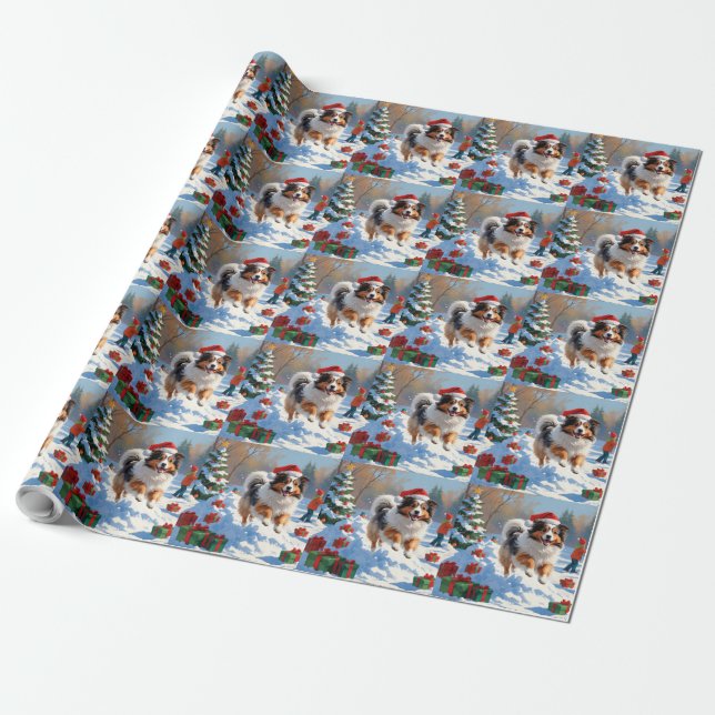 Shetland Sheepdog Running Snow With Christmas Hat Wrapping Paper (Unrolled)
