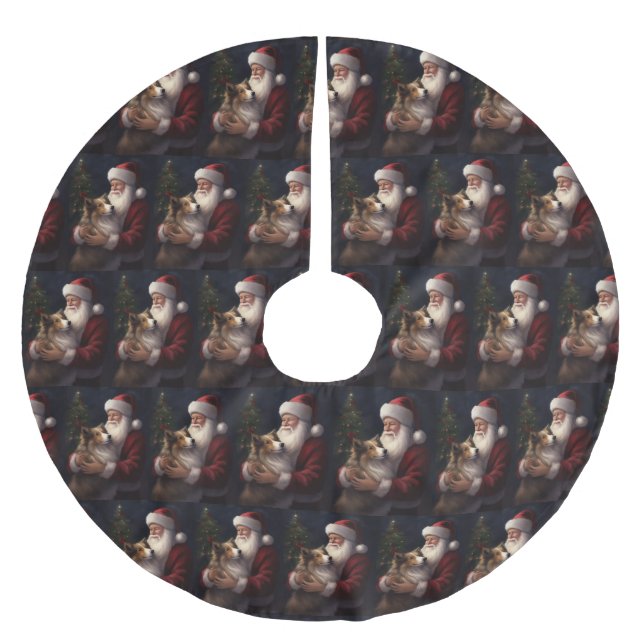 Shetland Sheepdog Santa Claus Festive Christmas Brushed Polyester Tree Skirt (Front)