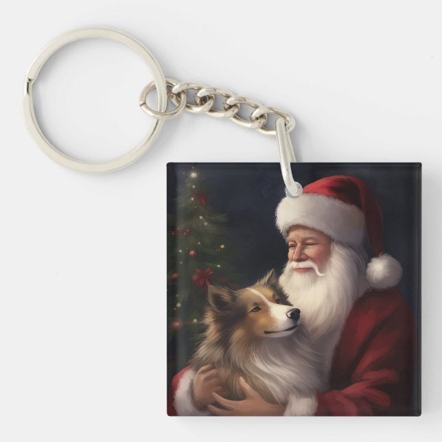 Shetland Sheepdog Santa Claus Festive Christmas Key Ring (Front)
