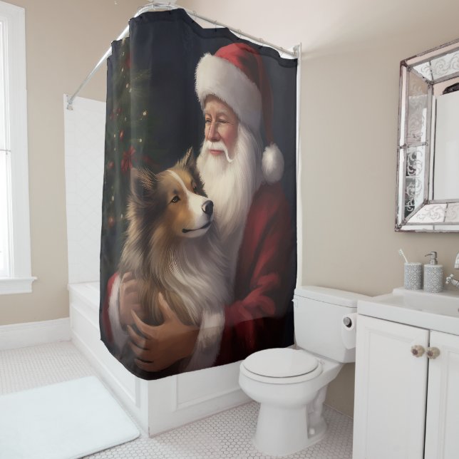 Shetland Sheepdog Santa Claus Festive Christmas Shower Curtain (In Situ)