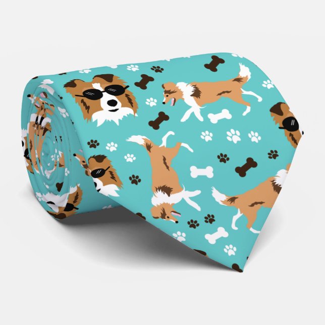 Shetland Sheepdog Sheltie Aqua Paw Print Neck Tie (Rolled)