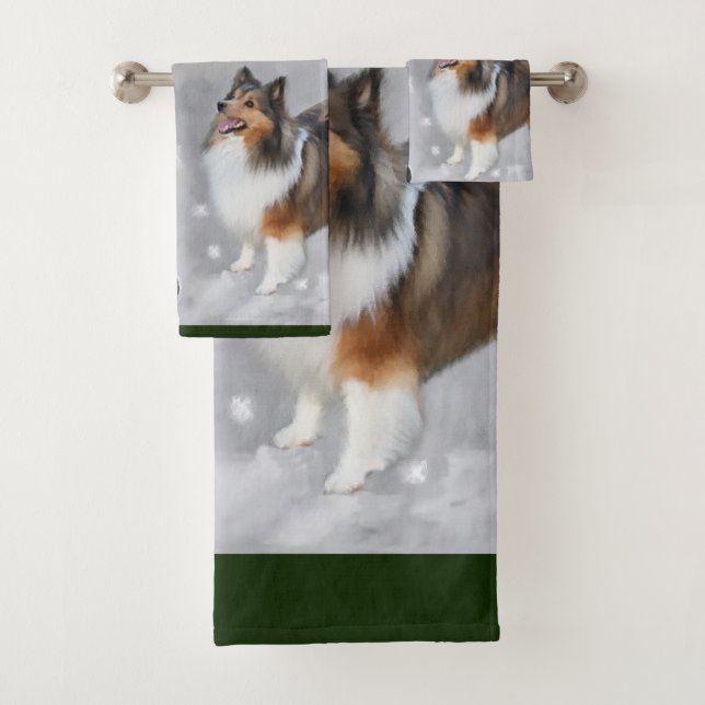 Shetland Sheepdog Sheltie Christmas Bath Towel Set (Insitu)