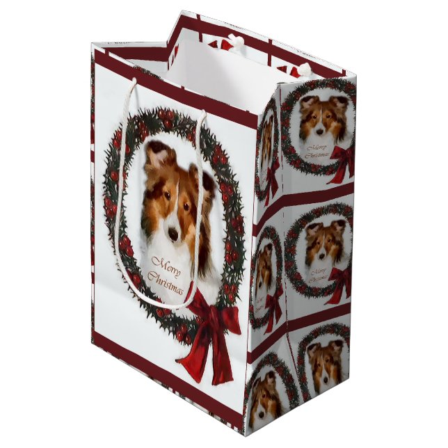 Shetland Sheepdog Sheltie Christmas Medium Gift Bag (Front Angled)
