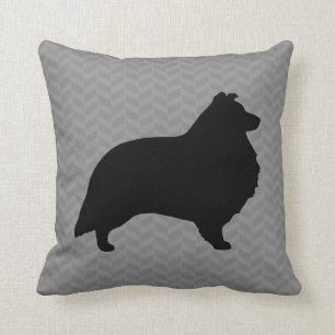 Shetland Sheepdog Silhouette Grey Herringbone Cushion