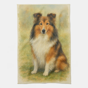 Shetland Sheepdog Sitting Watercolor Tea Towel