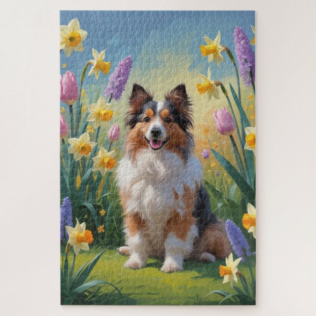 Shetland Sheepdog Spring Flowers Painting Jigsaw Puzzle (Vertical)