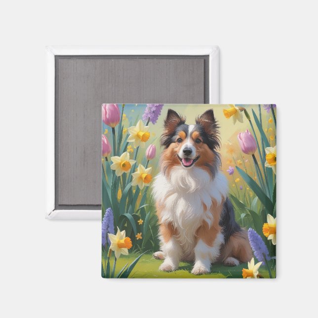Shetland Sheepdog Spring Flowers Painting Magnet (Front/Back)
