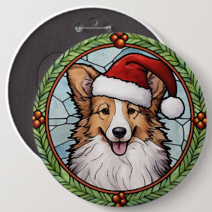 Shetland Sheepdog Stained Glass Christmas 6 Cm Round Badge
