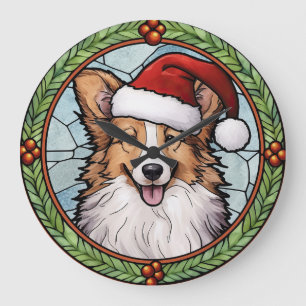 Shetland Sheepdog Stained Glass Christmas Large Clock