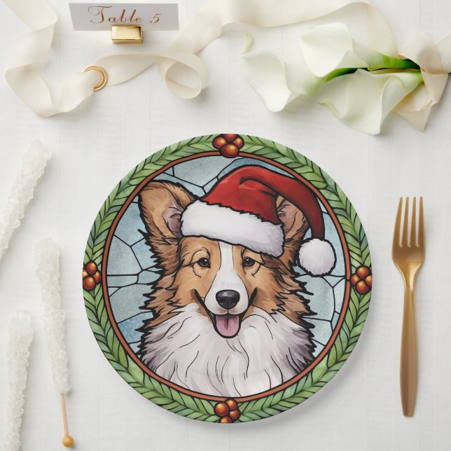Shetland Sheepdog Stained Glass Christmas Paper Plate (Wedding)