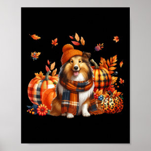 Shetland Sheepdog Thanksgiving Leopard Pumpkins Fa Poster