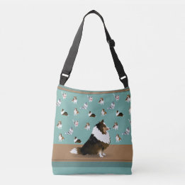Shetland Sheepdog Tri-Sheltie, on Green & Brown Crossbody Bag