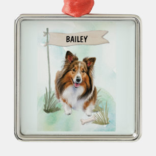 Shetland Sheepdog Watercolor Personalised Dog Metal Ornament