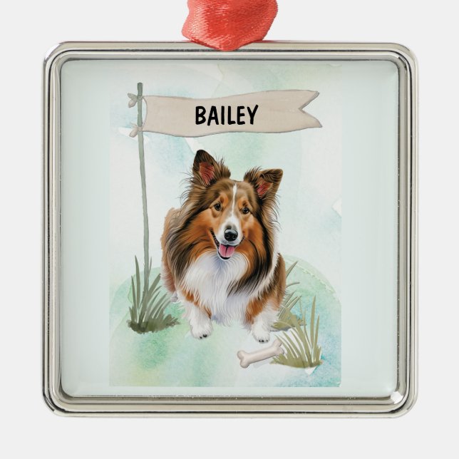 Shetland Sheepdog Watercolor Personalised Dog Metal Ornament (Front)