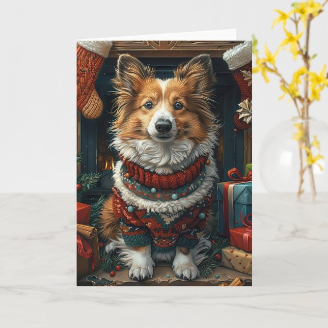 Shetland Sheepdog With Christmas Gifts Fireplace Card (Yellow Flower)