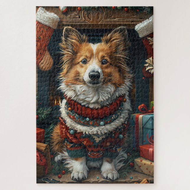 Shetland Sheepdog With Christmas Gifts Fireplace Jigsaw Puzzle (Vertical)