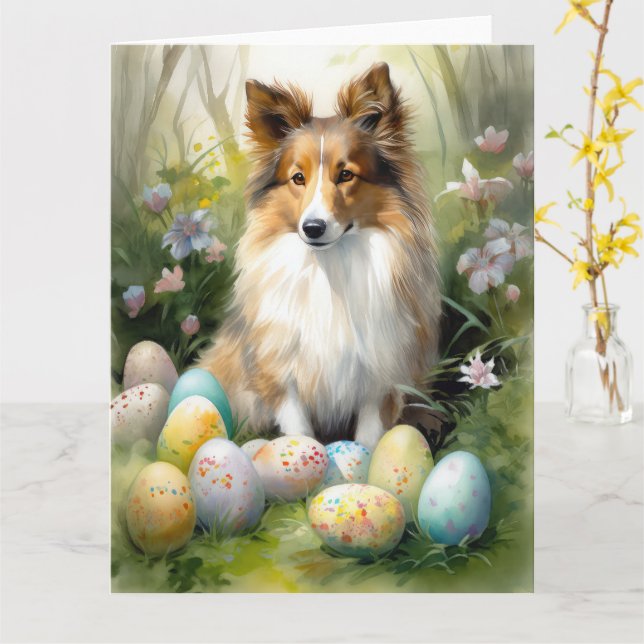Shetland Sheepdog with Easter Eggs Holiday Card (Yellow Flower)