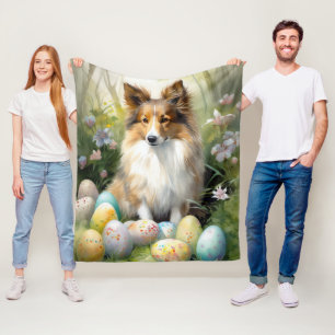 Shetland Sheepdog with Easter Eggs Holiday Fleece Blanket