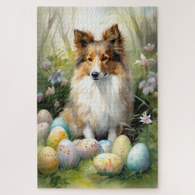 Shetland Sheepdog with Easter Eggs Holiday Jigsaw Puzzle (Vertical)