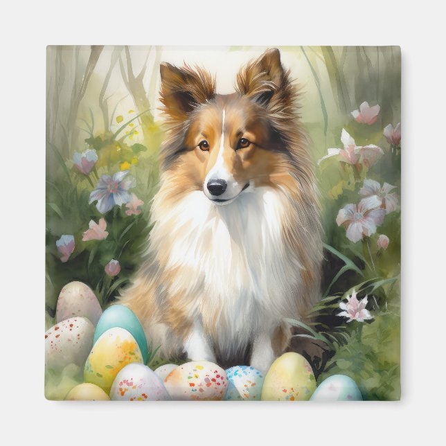 Shetland Sheepdog with Easter Eggs Holiday Magnet (Front)