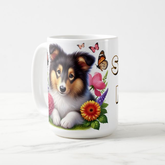 Shetland Sheepdog with Flowers and Butterflies Coffee Mug (Front Left)