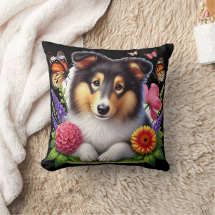 Shetland Sheepdog with Flowers and Butterflies Cushion